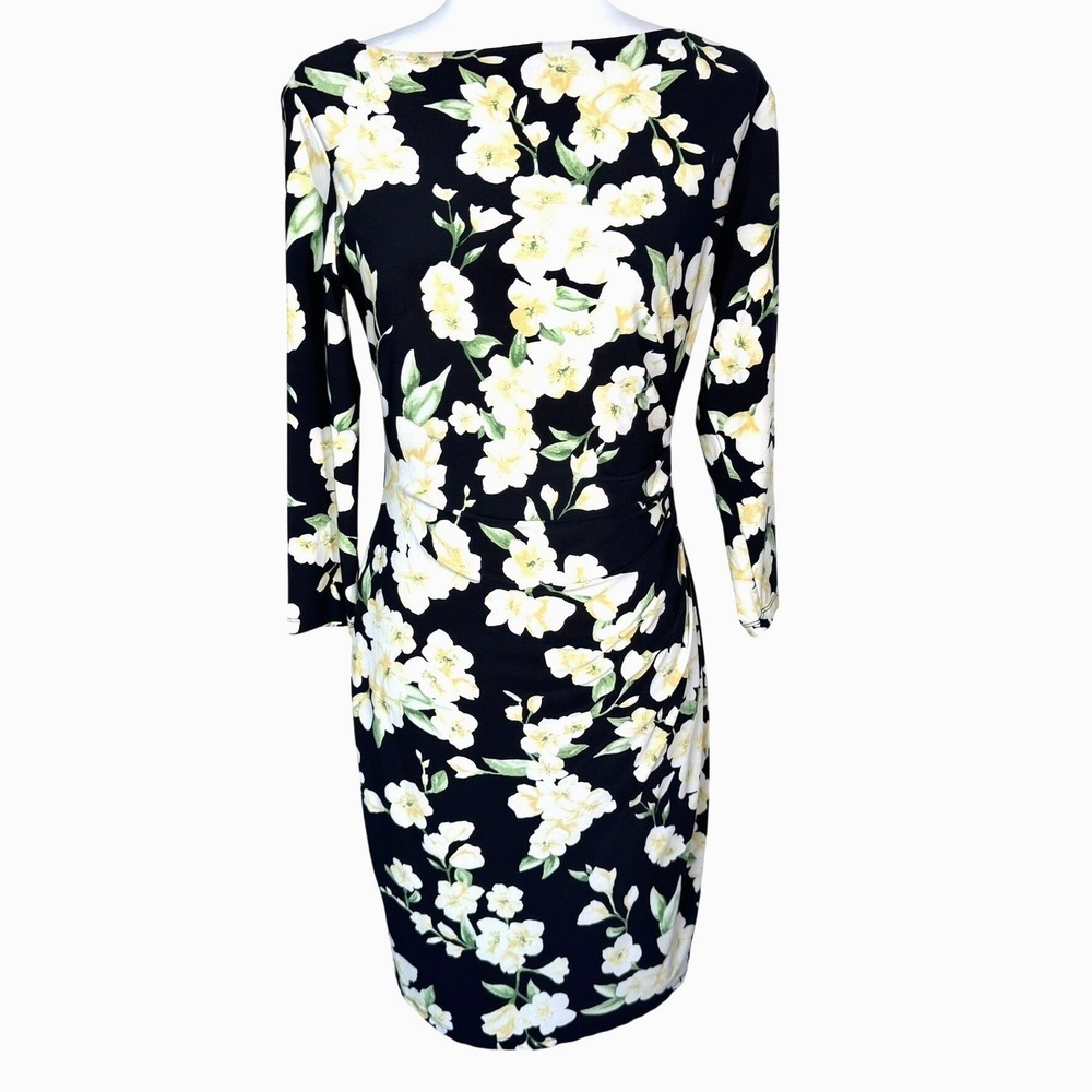 LAUREN RALPH LAUREN Women's 6 Black Yellow Floral 3/4 Sleeve Ruched Sheath Dress